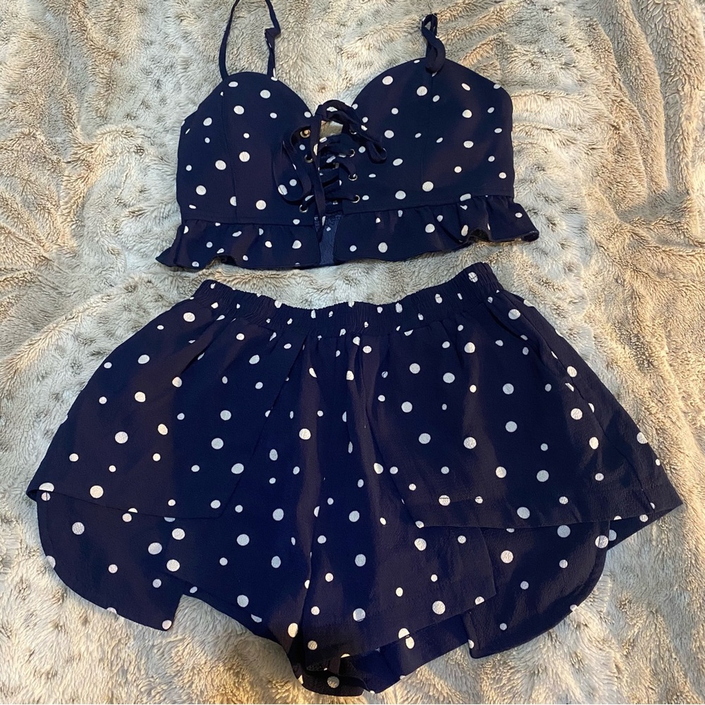 Navy blue polka dot matching set